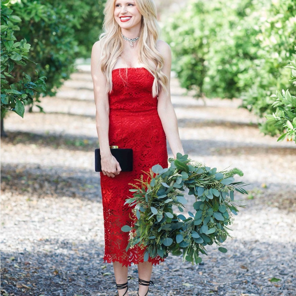 Topshop Strapless Red Lace Dress